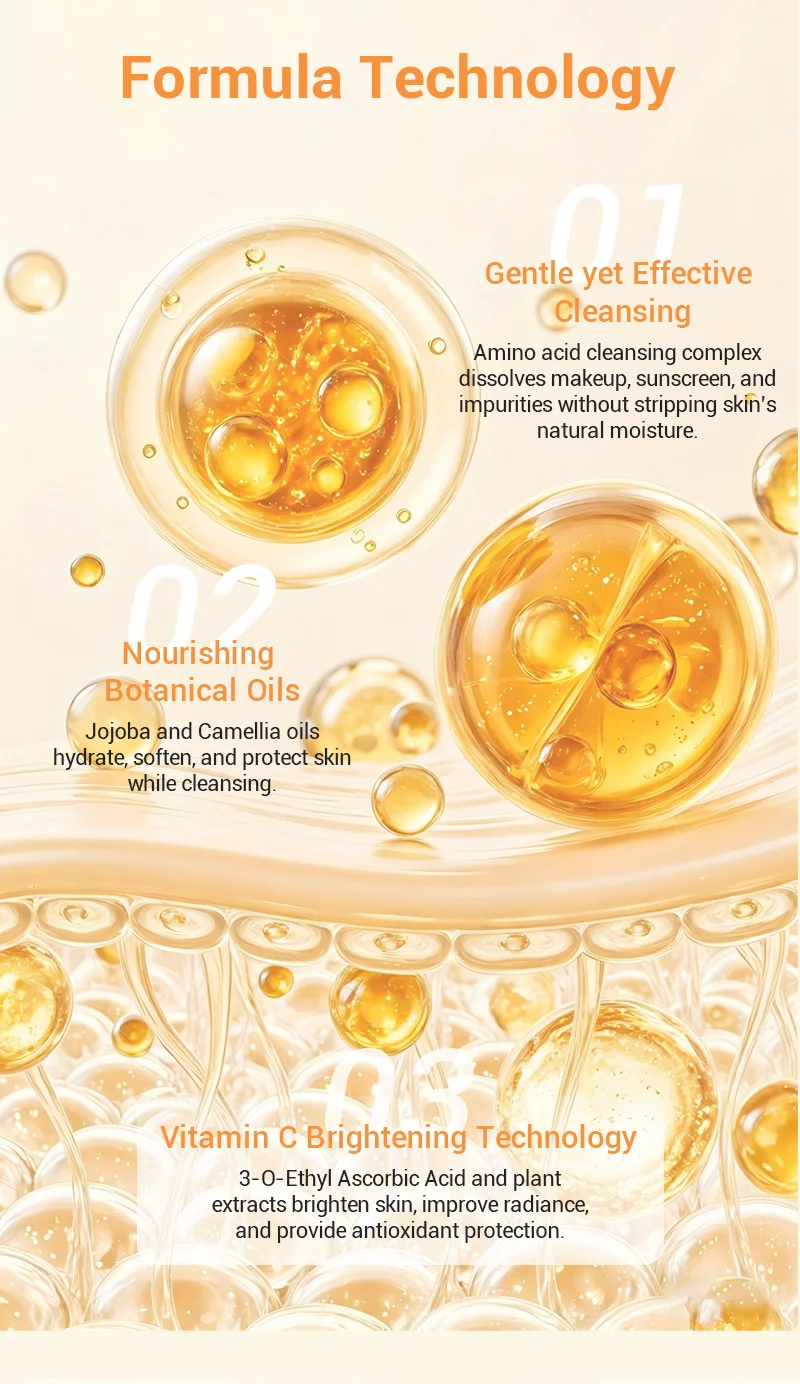 Illustration of skincare formula technology with features including gentle cleansing, nourishing botanical oils, and Vitamin C brightening technology, depicted with golden liquid and bubbles.